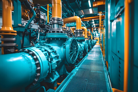 Close Up of Industrial Engine Machinery and Piping in Vibrant Colors