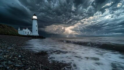 White lighthouse stands resilient against crashing waves and ominous storm clouds lit by bolts of lightning over turbulent sea. - Powered by Adobe