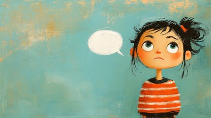 A stylized drawing of a young woman with a speech bubble. Her face expresses curiosity, set against a soft and gentle background.