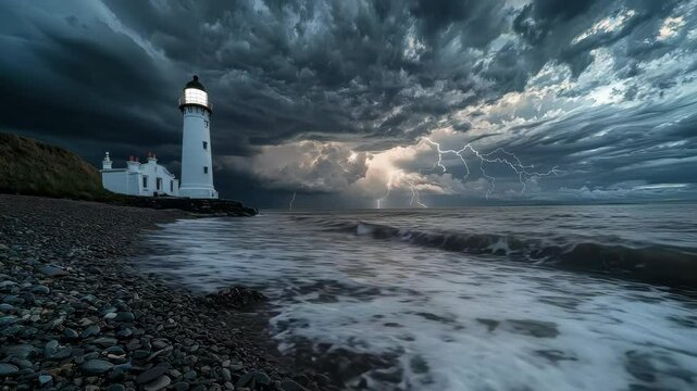 White lighthouse stands resilient against crashing waves and ominous storm clouds lit by bolts of lightning over turbulent sea.
