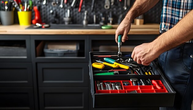 Close-up view of a person's hands accessing a toolbox drawer filled with various tools.