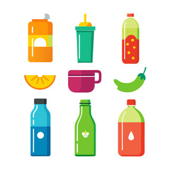 Flat lay of colorful drinks and fruits illustration