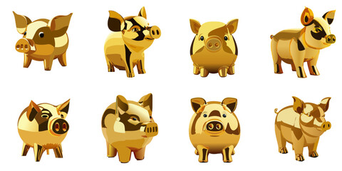 Fototapeta premium Multiple vector illustrations golden pig