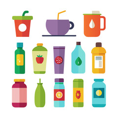 Colorful flat vector set of different bottles and mugs