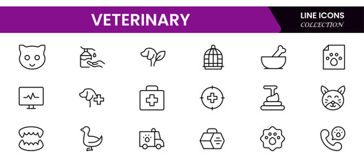 Caring vector web line icons illustrating veterinary tools, pet care, animal health, diagnostics, and compassionate animal wellness services.