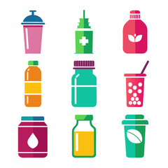 Collection of flat design bottles and cups illustration icons
