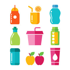 Colorful flat icons representing various beverages and fruits