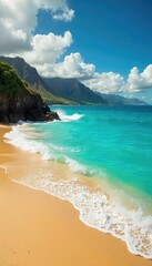 Fototapeta premium Golden Hawaiian sand meets turquoise ocean waves under a vibrant sky Perfect for travel, vacation, and tropical paradise themes Serenity, relaxation, and escape await , serenity, landscape