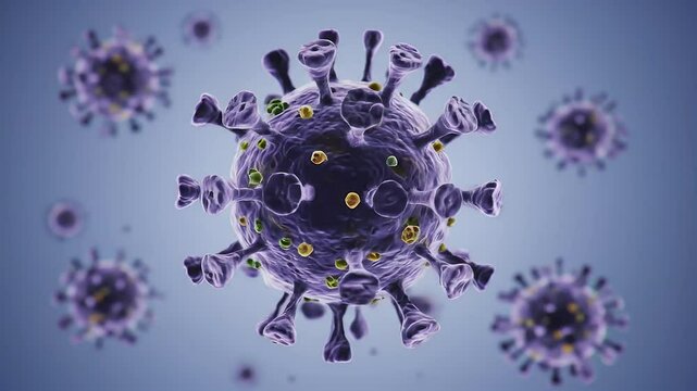 Microscopic view of coronavirus cells rotating slowly on a blue background, with other cells floating around, New variant simulating.