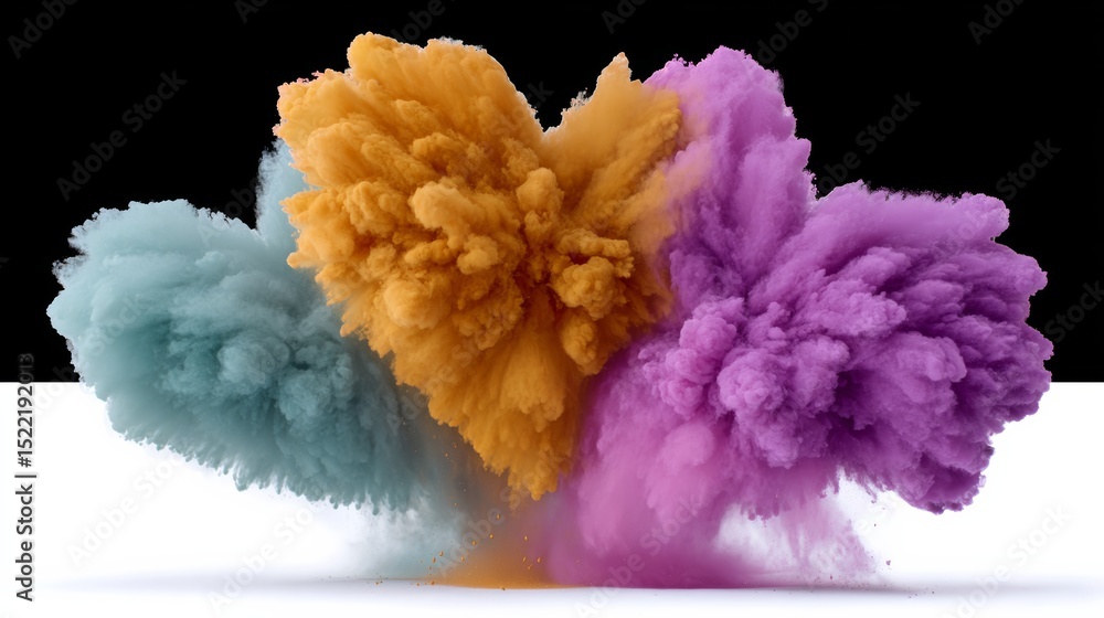Poster colorful explosion of smoke and dust with a heart shape in the middle. the explosion is made up of t