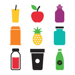 Bright colored fruit and drink icons isolated on white
