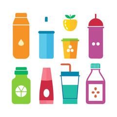 Assorted colorful drink containers and beverages on a white background