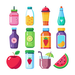 Colorful flat vector illustration of various fruit and beverage images