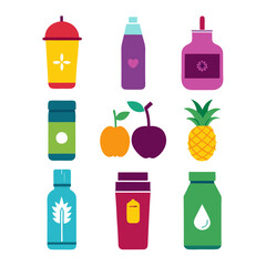 Flat vector illustration of colorful organic products and drinks