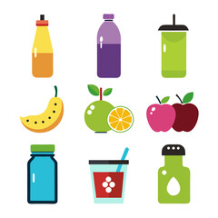 Healthy fruits and drinks in stylized flat design arrangement