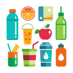 Fresh fruit and beverage icons in a flat style