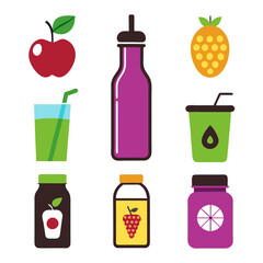 Variety of colorful juice and fruit vector illustrations