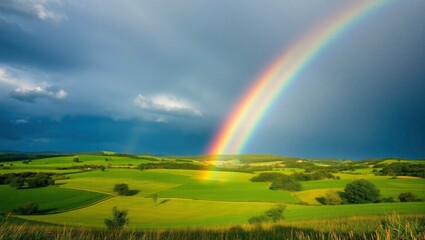 Obraz premium rainbow, sky, landscape, nature, clouds, field, grass, 