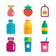Flat design illustration of various beverages and fruits set