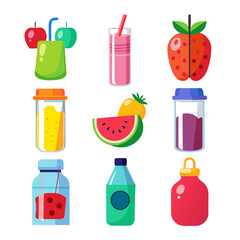 Vibrant assortment of cartoon-style fruit drinks and bottles illustration
