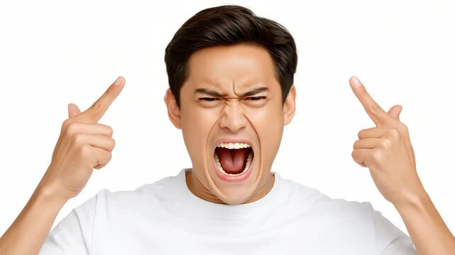 Young Man Expressing Anger and Frustration While Shouting with Hands Raised in a White Background