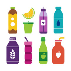 Various stylized fruit juice and water bottle assortment illustration