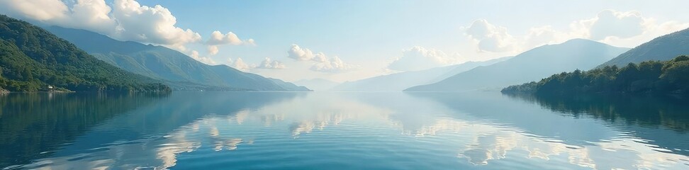 Fototapeta premium Serene lakeside scene with calm water reflecting tranquil sky, perfect for relaxation and escape Ideal for travel, vacation, or wellness themes , zen, picturesque, natural beauty