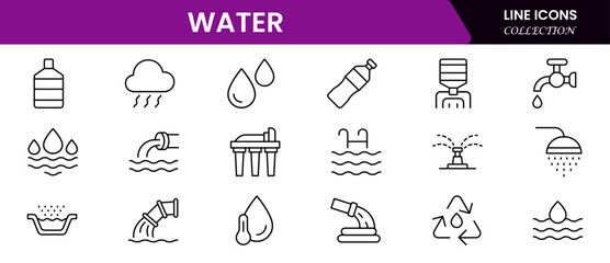 Fluid vector web line icons depicting water elements, conservation, purification, waves, and sustainable aquatic resources and activities.