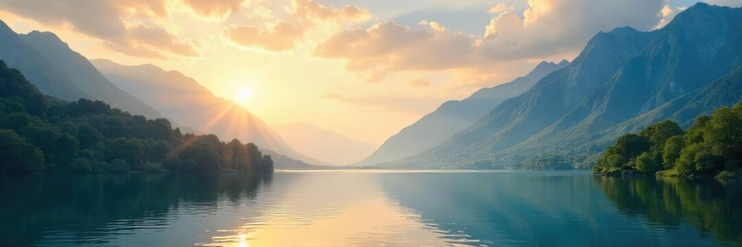 Serene landscape perfect for prayer and meditation; sunlit mountains, tranquil lake, peaceful sky  Ideal for religious websites, spiritual apps, and inspirational content ,  peace,  bible