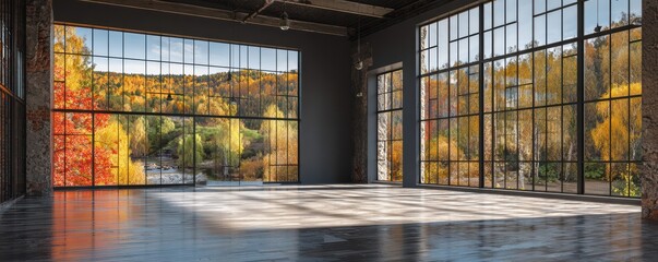 Fototapeta premium Modern industrial interior with large windows showcasing autumn landscape and vibrant colors in a spacious empty room