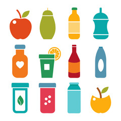 Assortment of colorful drink containers and fruits icons