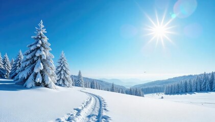 Fototapeta premium Serene winter landscape under a vibrant blue sky Crystal-clear air, snow-covered ground, distant trees, and the promise of a sunny day Perfect for winter wonderland themes , pristine, rural