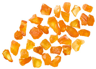 Crushed amber isolated on white background, top view.