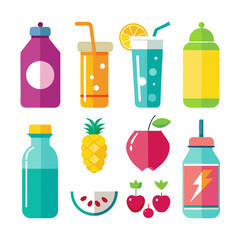 Collection of flat design fruit and beverage icons set