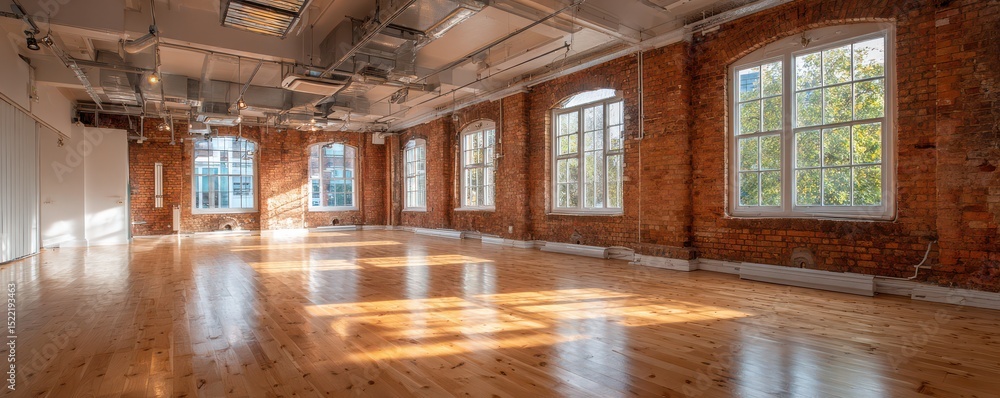 Poster spacious modern studio with large windows and natural light in urban loft setting for creative use