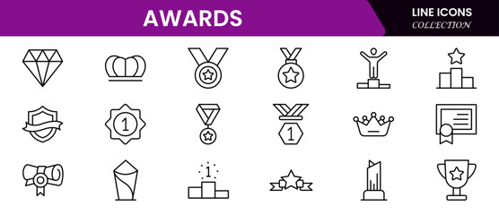 Fototapeta premium Elegant vector web line icons showcasing awards, trophies, recognition, achievement, and celebratory moments of excellence and success.
