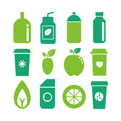 Green ecological product icons of food and beverage packaging