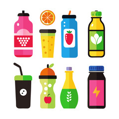 Various colorful beverages in bottles and glasses flat design