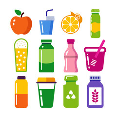 Flat design of healthy drinks and fruits in rows