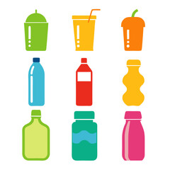 Bright flat vector set of drink bottles and cups