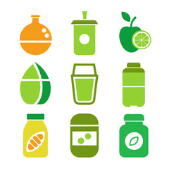 Simple fresh juice container icons collection in flat design