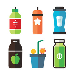 Colorful assortment of flat design healthy beverage bottle icons