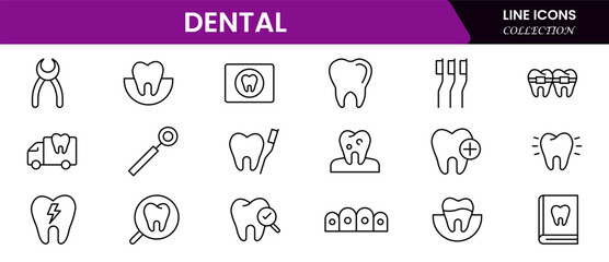 Crisp vector web line icons depicting dental care, tools, oral health, dentistry procedures, and professional dental wellness services.