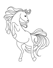 Rearing horse in motion, black and white coloring vector Illustration