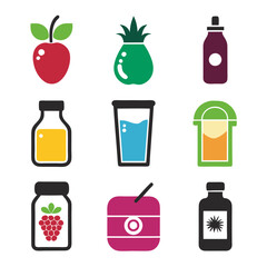 Flat graphic icons of fruit beverages and liquid products