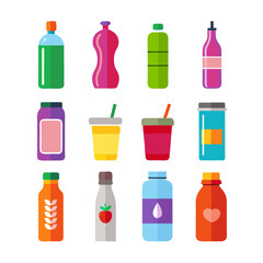 Colorful assortment of flat design bottles and containers