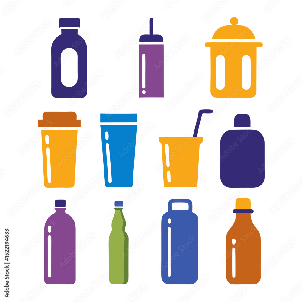Poster colorful flat vector icons of bottles and containers set