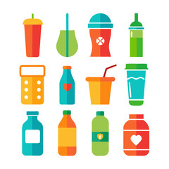 Colorful cartoon style drinks and containers on white background