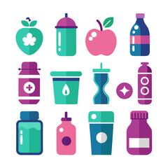 Collection of stylized health and wellness product icons design