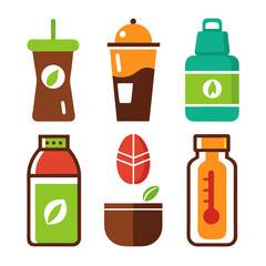 Flat vector icons illustrating health drinks and supplements concept